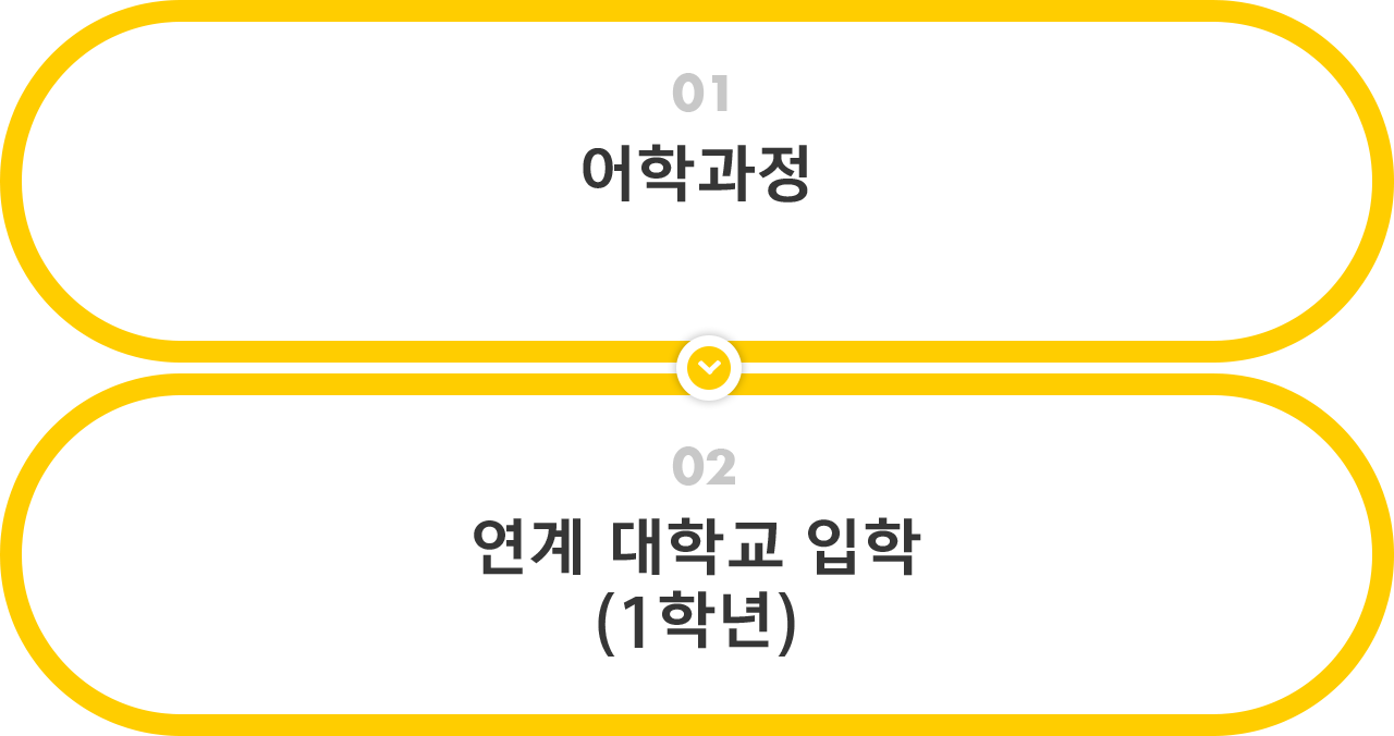 조건부 입학 절차: 조건부 입학을 위한 어학과정, 연계 대학교 입학(1학년)