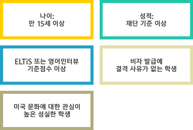 나이: 만 15세 이상, 성적: 재단 기준 이상, ELTiS 또는 영어인터뷰 기준점수 이상, 비자 발급에 결격사유가 없고 미국 문화에 대한 관심과 다문화 이해도가 높고 성실한 학생