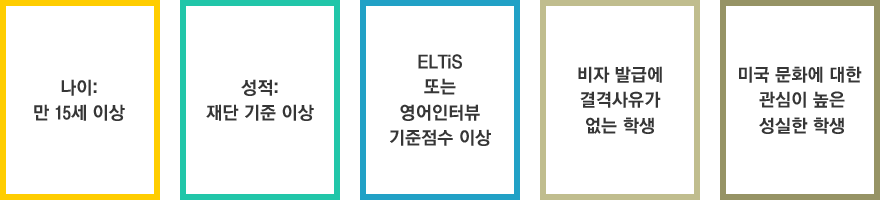 나이: 만 15세 이상, 성적: 재단 기준 이상, ELTiS 또는 영어인터뷰 기준점수 이상, 비자 발급에 결격사유가 없고 미국 문화에 대한 관심과 다문화 이해도가 높고 성실한 학생
